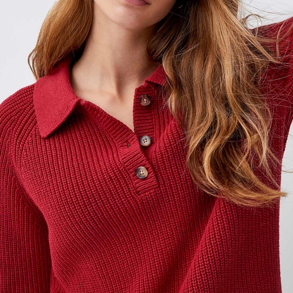 Red burgundy rib knit polo collar chunky sweater NWT - Picture 8 of 8